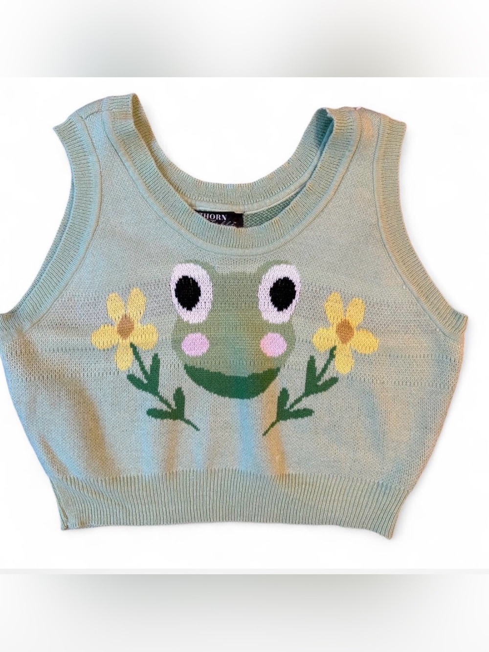 Thorn & Fable Whimsy Frog & Flower Crop Green Knit Hot Topic Sweater Vest Sz L